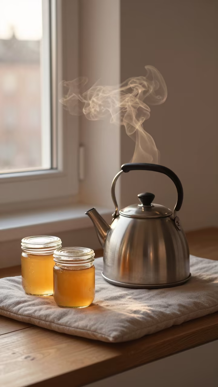 Steam rising kettle marmalade jars golden hour in on a reading nook cushion in Stockholm