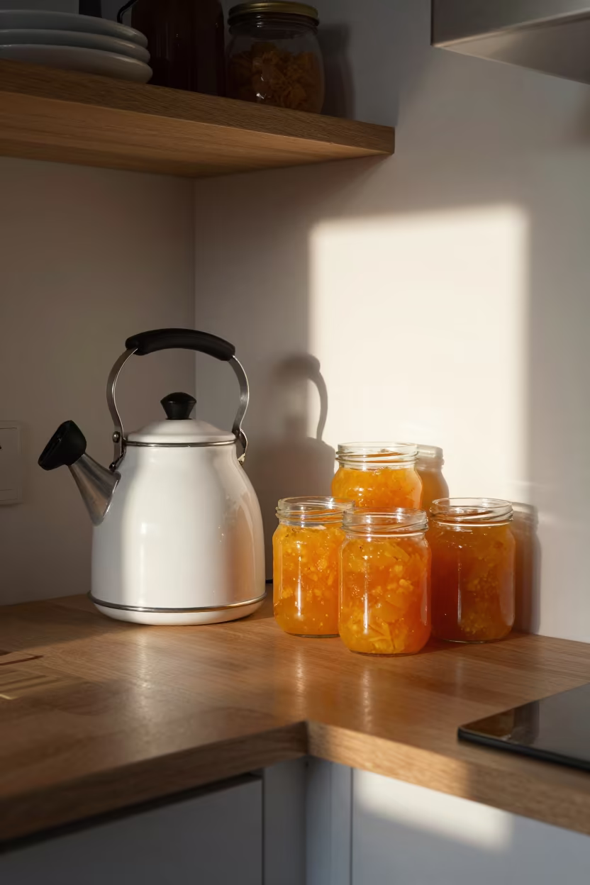 Steam Rising From Kettle Beside Marmalade Jars in in a breakfast nook in Liverpool