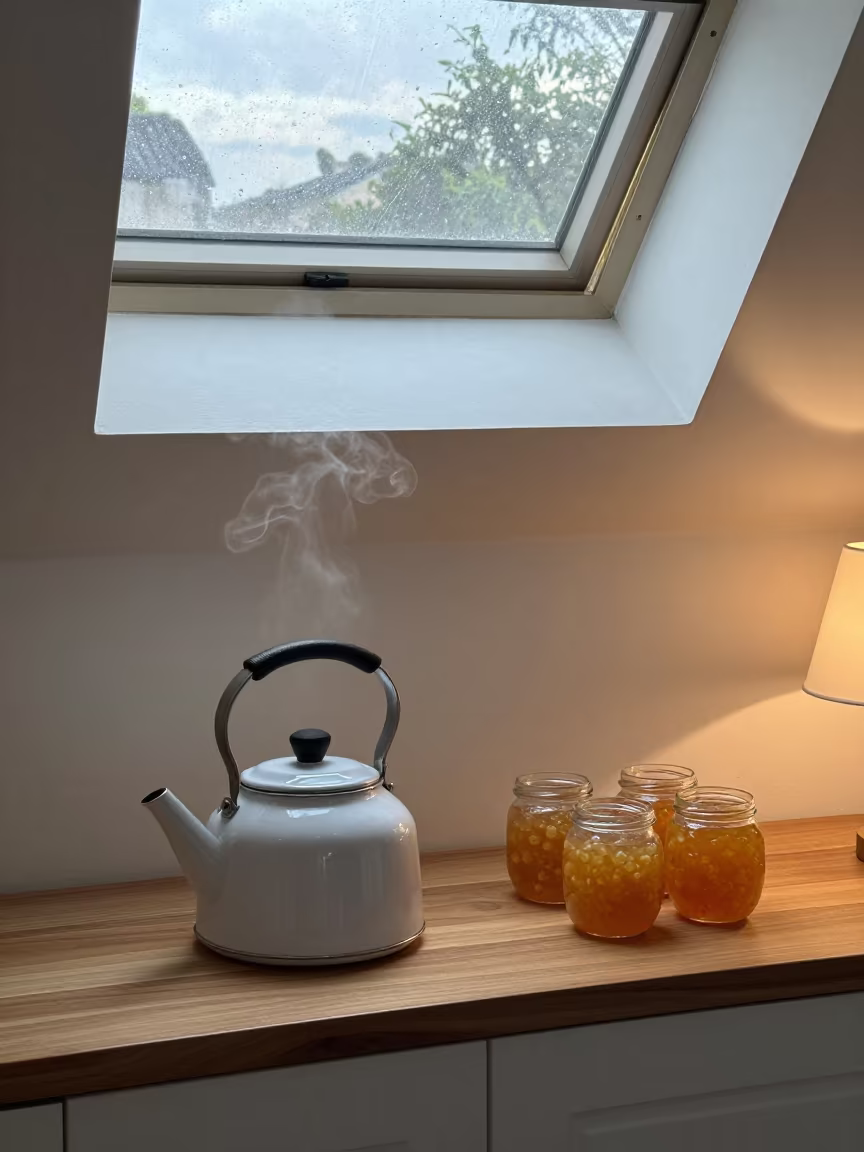 Steam rising kettle beside marmalade jars in on a window seat near Tainan