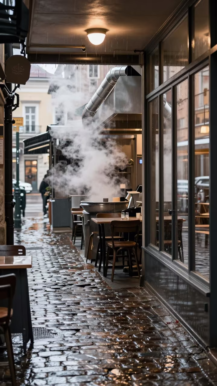 Steam Rising from Kitchen Vents in Munich Alley in beneath a flickering underpass light in Maxvorstadt, Munich