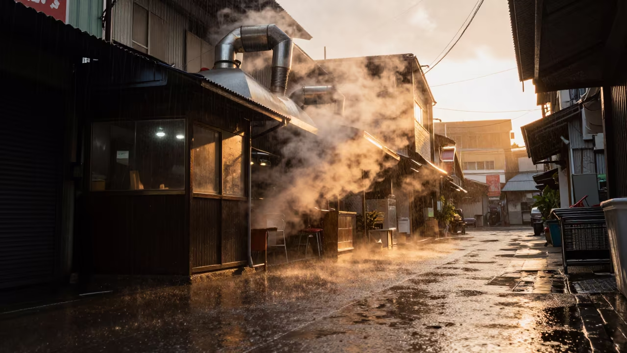 Steam Rising from Kitchen Vents in Rainy Kadoma Alley in by a rain-darkened kiosk in Kadoma