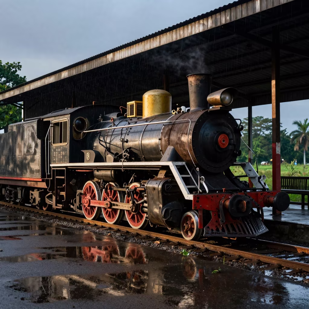 Steam Locomotive in Borneo Ferry Shed Rain in across a remote ferry crossing in Borneo