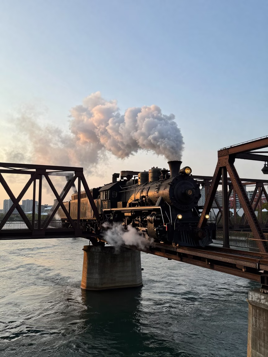 Steam Locomotive Crossing Bridge Over Chicago River at Early Evening in Illinois in in Chicago, Illinois, United States