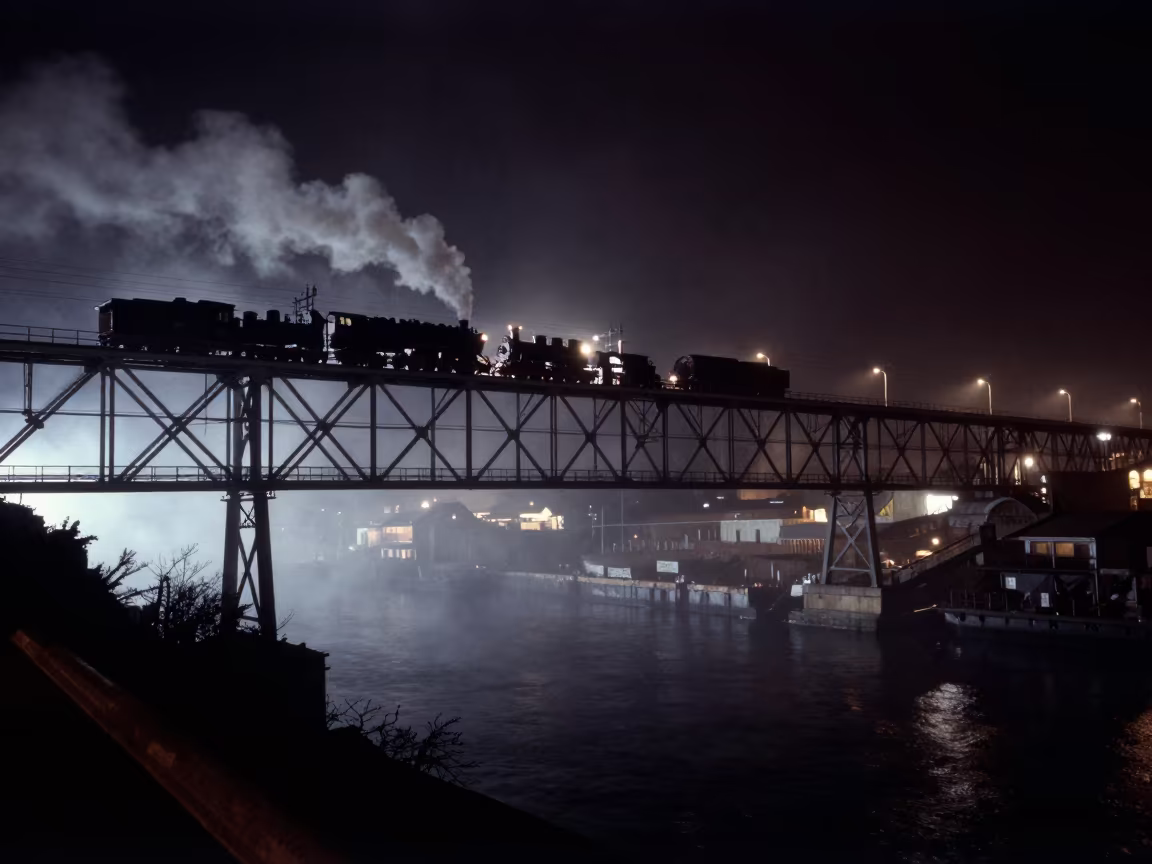 Steam Locomotive Crossing Foggy Harbor Bridge in beside a fogbound harbor mouth near Palma Soriano