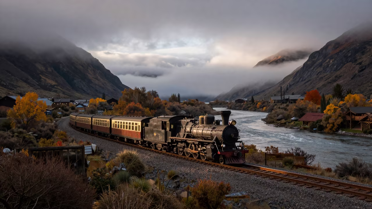 Steam Locomotive Through Foggy Patagonian Valley in beside a fogbound harbor mouth in Patagonia
