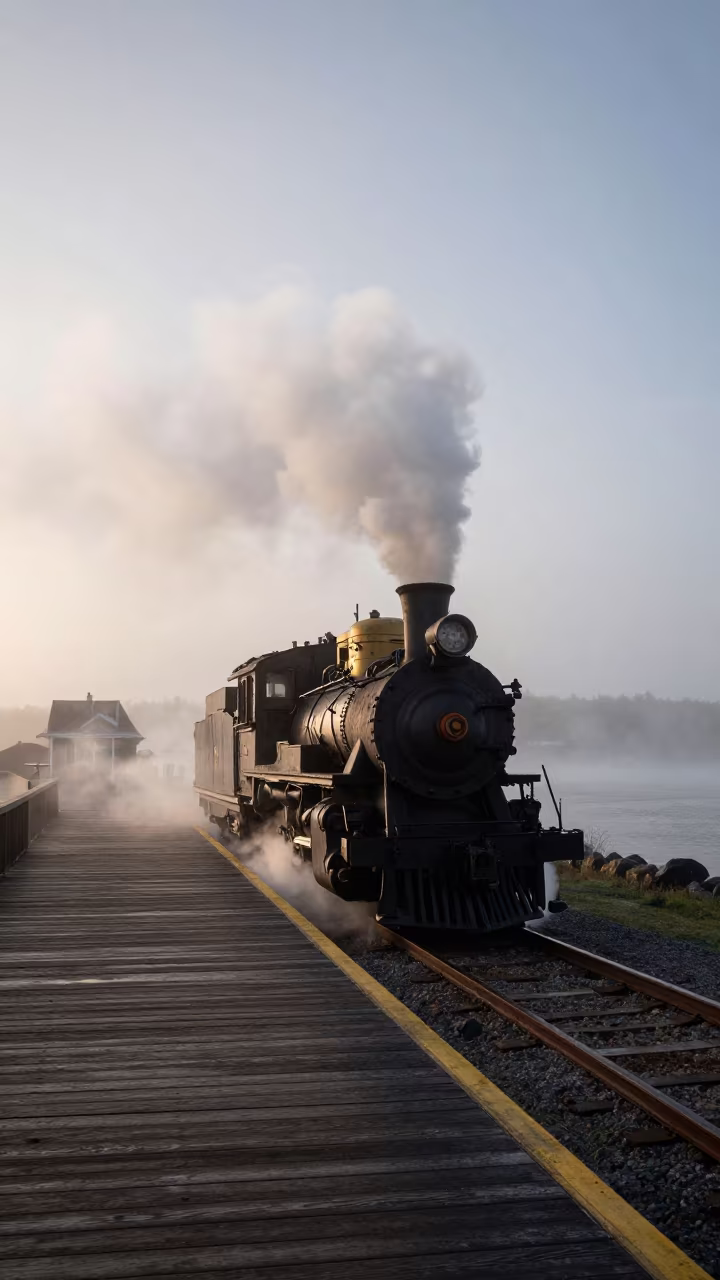 Steam Locomotive at Maine Harbor Sunrise Fog in beside a fogbound harbor mouth in Maine