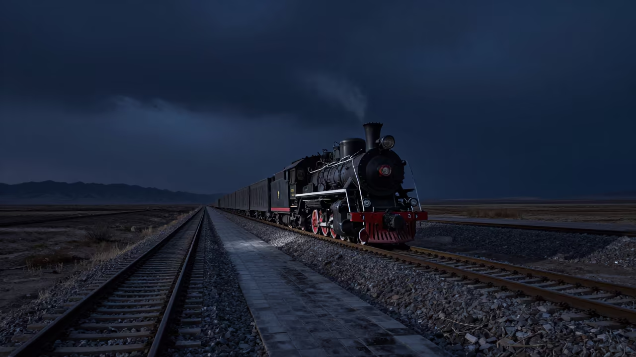 Steam Locomotive in Tajik Night Storm in on a wind-open causeway in Tajikistan
