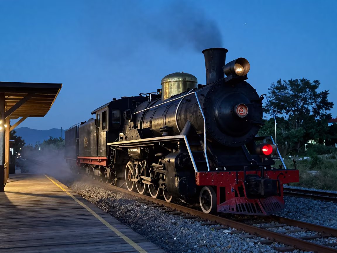 Steam Locomotive Twilight Mexico Causeway in on a wind-open causeway in Mexico