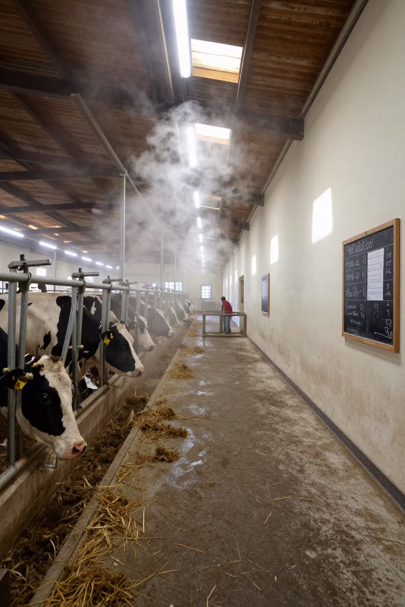 Steam rising in Lombardy dairy milking parlor in in a dairy milking parlor in Lombardy