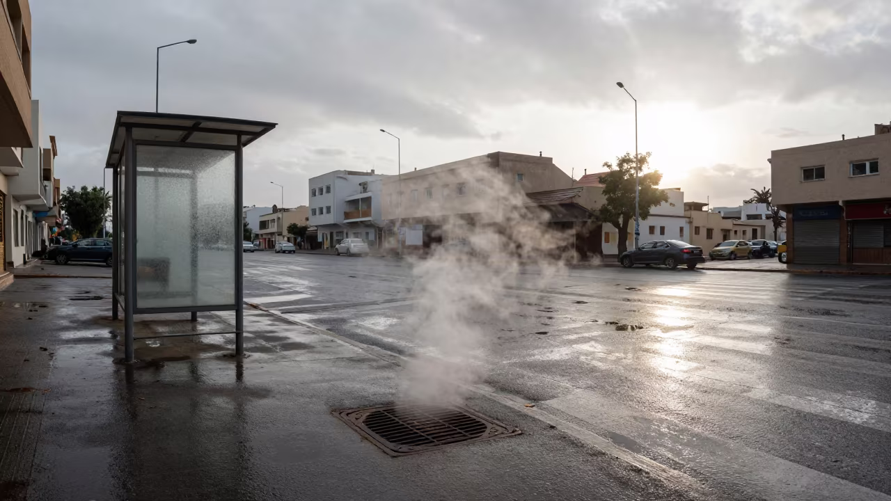 Steam Rising From Manhole Cover Skhirat Dawn in beside a steamed-up bus shelter in Skhirat