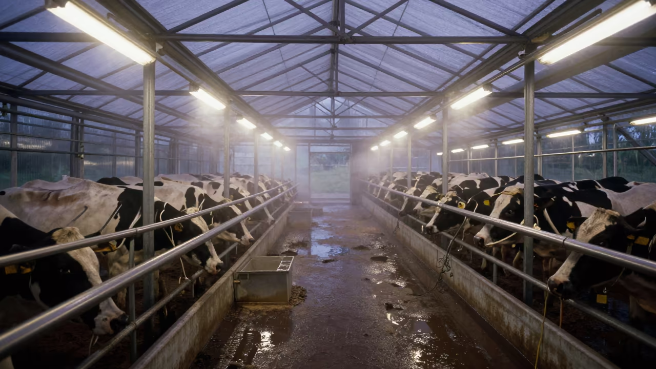 Steam Rising Over Milking Parlor Lane at Dawn in inside a humid greenhouse aisle near Victoria Seychelles