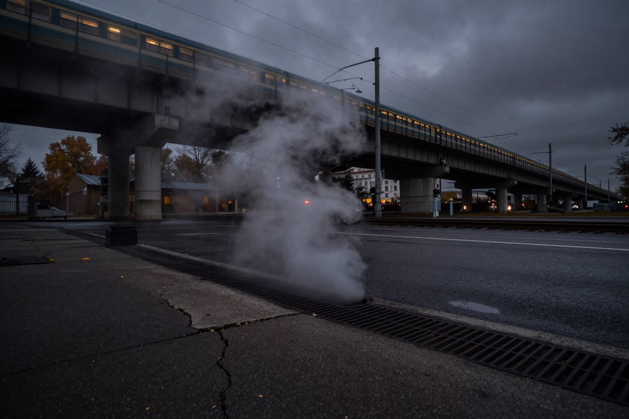 Steam Rising from Moscow Sidewalk Grate at Night in under an elevated train line in Moscow