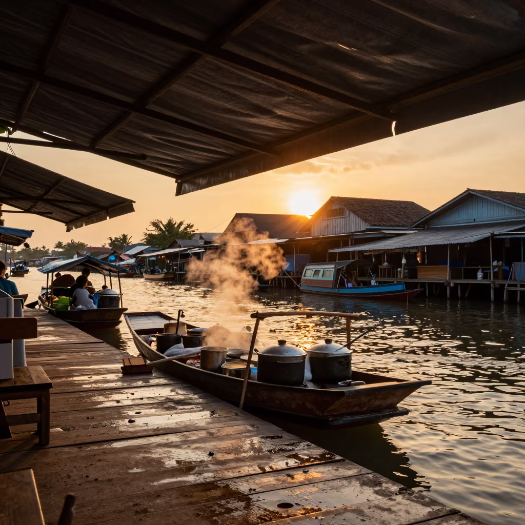 Steam Rising from Noodle Cart at Sunset Ponce Market in at a floating market boat in Ponce