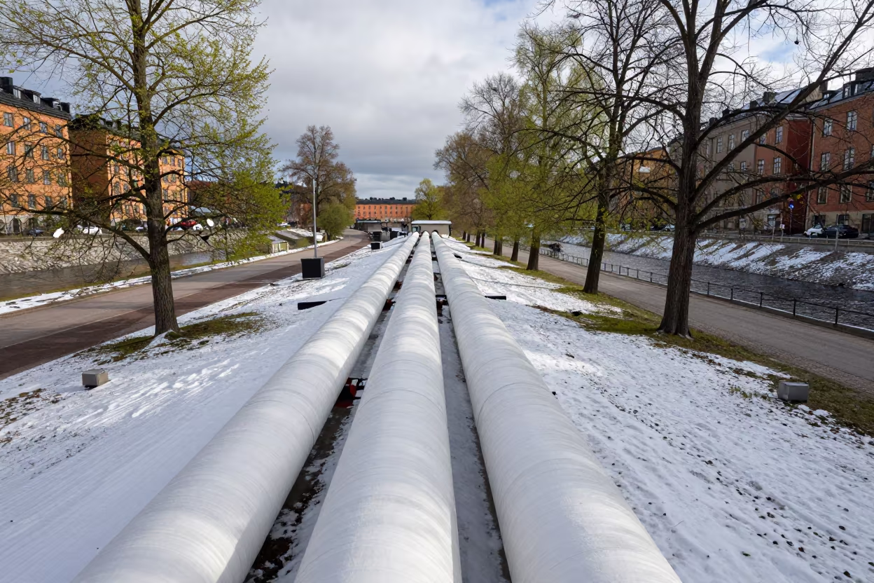 Steam Pipe Corridor Over Snow in Gamla Stan in along a levee path above floodwater in Gamla Stan, Stockholm