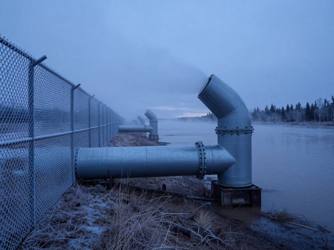 Steam Rising from Pipe Elbow on Levee Path in along a levee path above floodwater in Northwest Territories