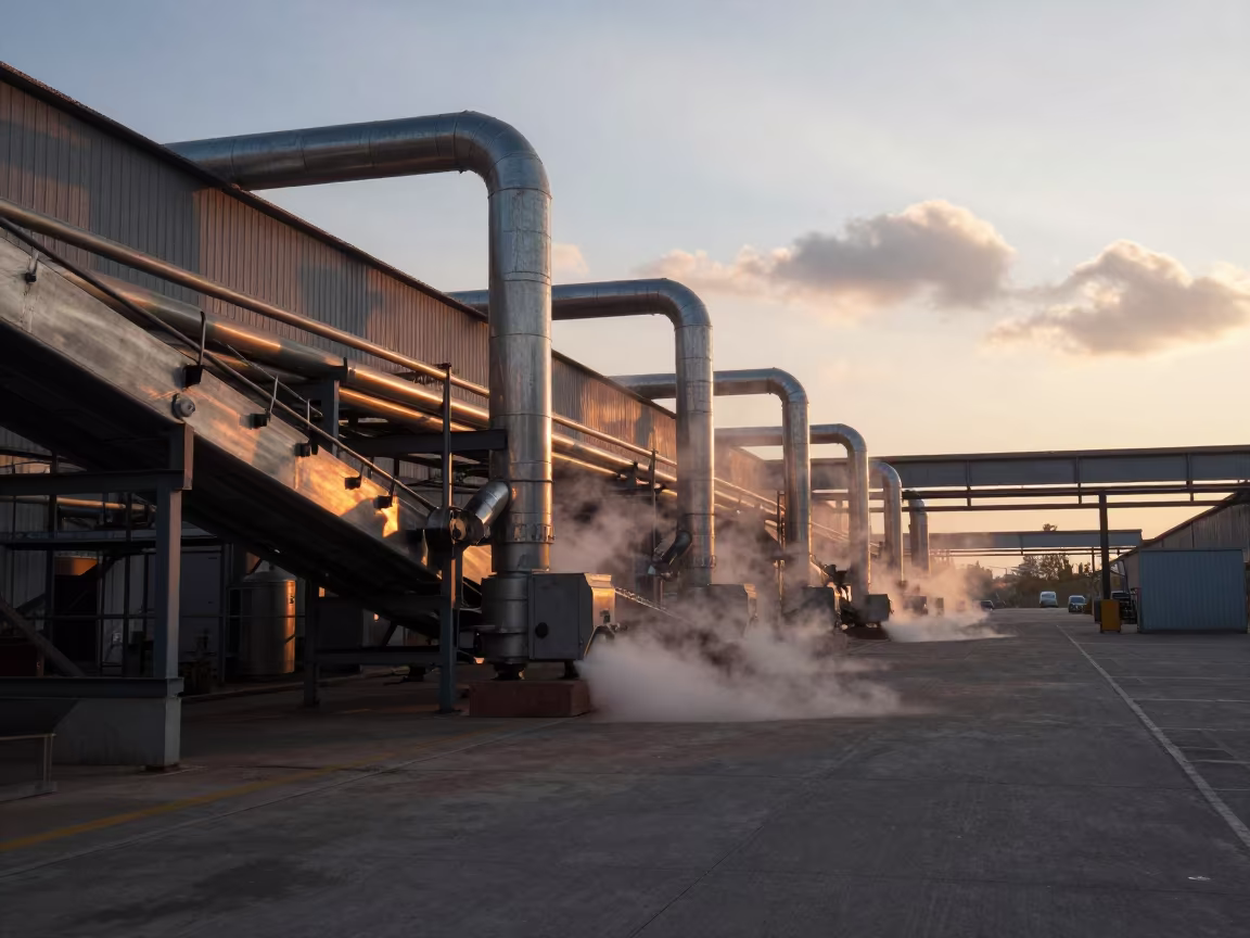 Steam Pipes Copper Light Paper Mill Corridor in inside a packing hall with stainless conveyors in Liaoning
