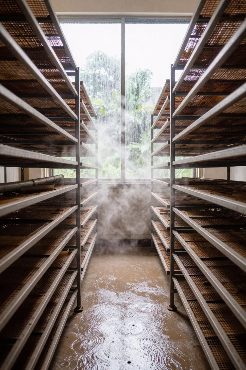 Steam Pipes in Kuala Lumpur Drying Room in inside a leaf-drying room lined with mesh trays in Chow Kit, Kuala Lumpur