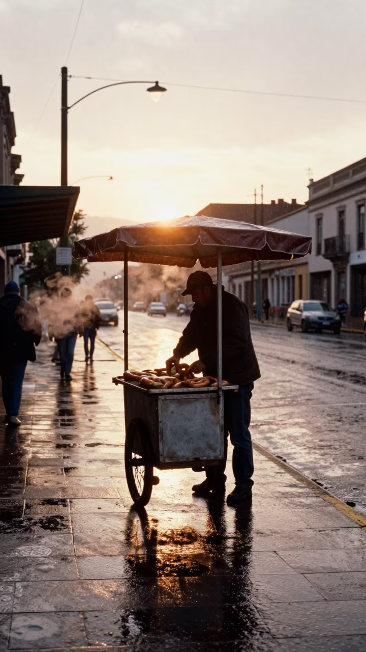 Steam Rising Pretzel Cart at Tram Stop in at a tram stop in Cochabamba