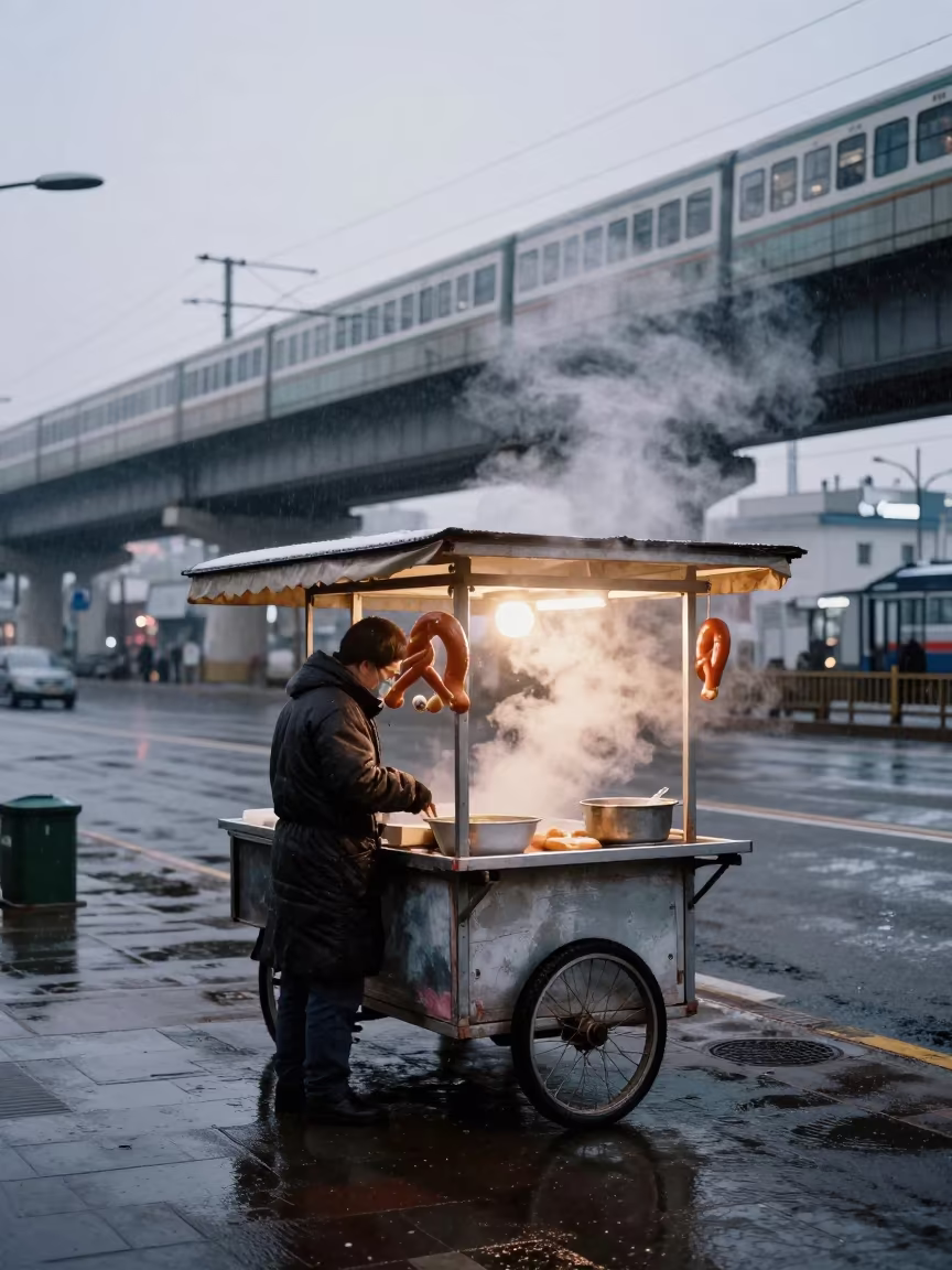 Steam Rising from Pretzel Cart Under Train in under an elevated train line in Nampo