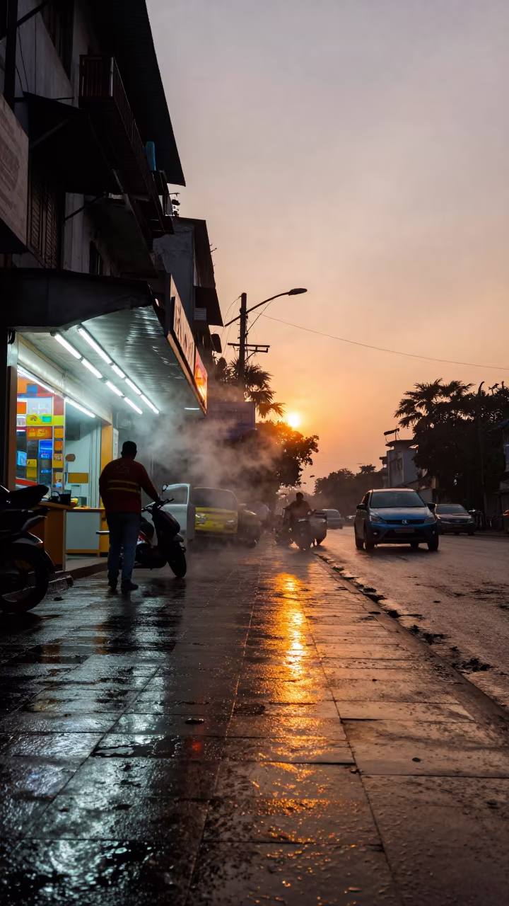 Steam and Rain Over Delhi Street at Sunset in outside a fluorescent convenience store in Delhi