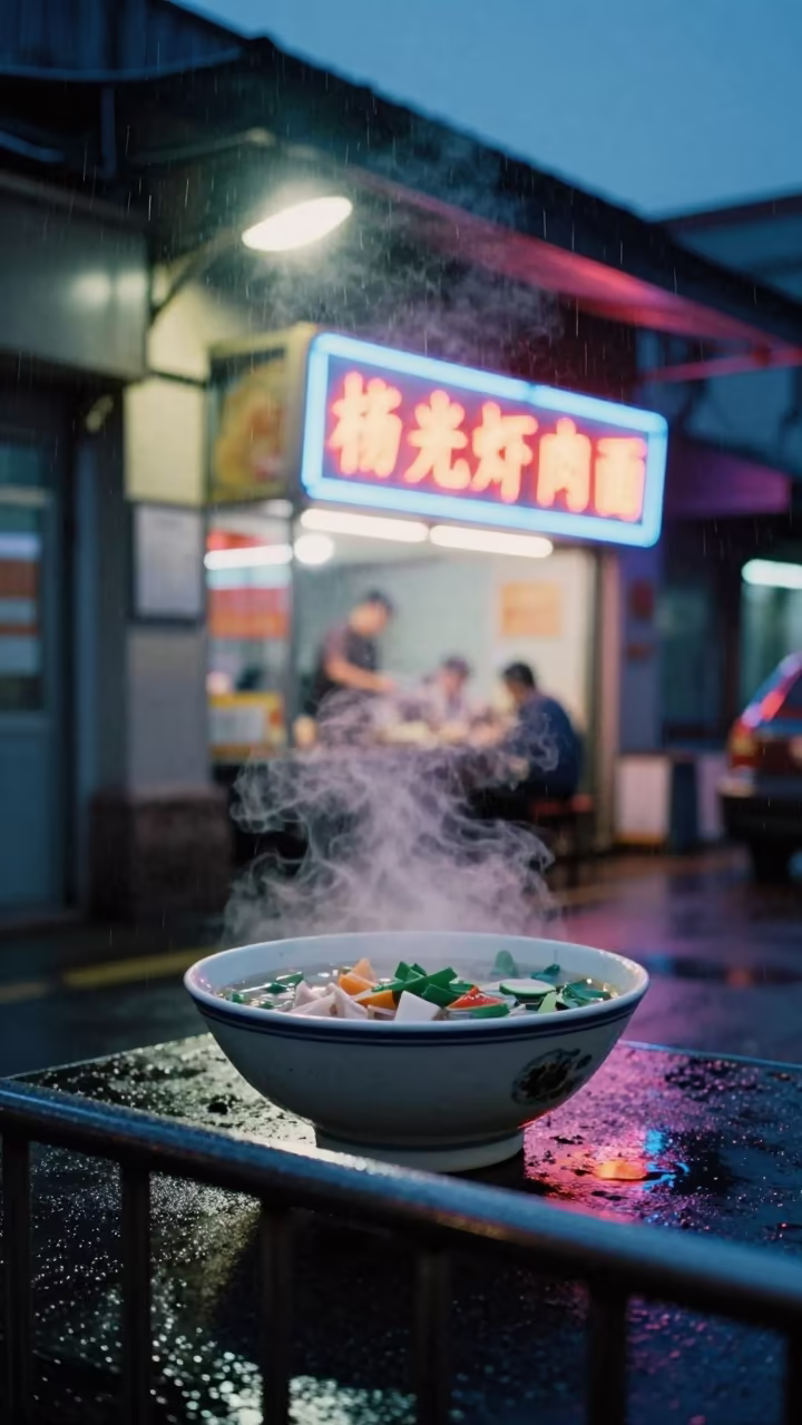 Steam and Rain at Qingdao Pho Restaurant in beneath a flickering underpass light in Qingdao