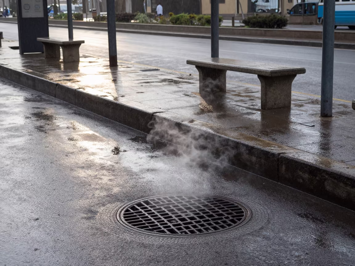 Steam Rises from Manhole at Meskel Square Dawn in at a tram stop in Meskel Square, Addis Ababa