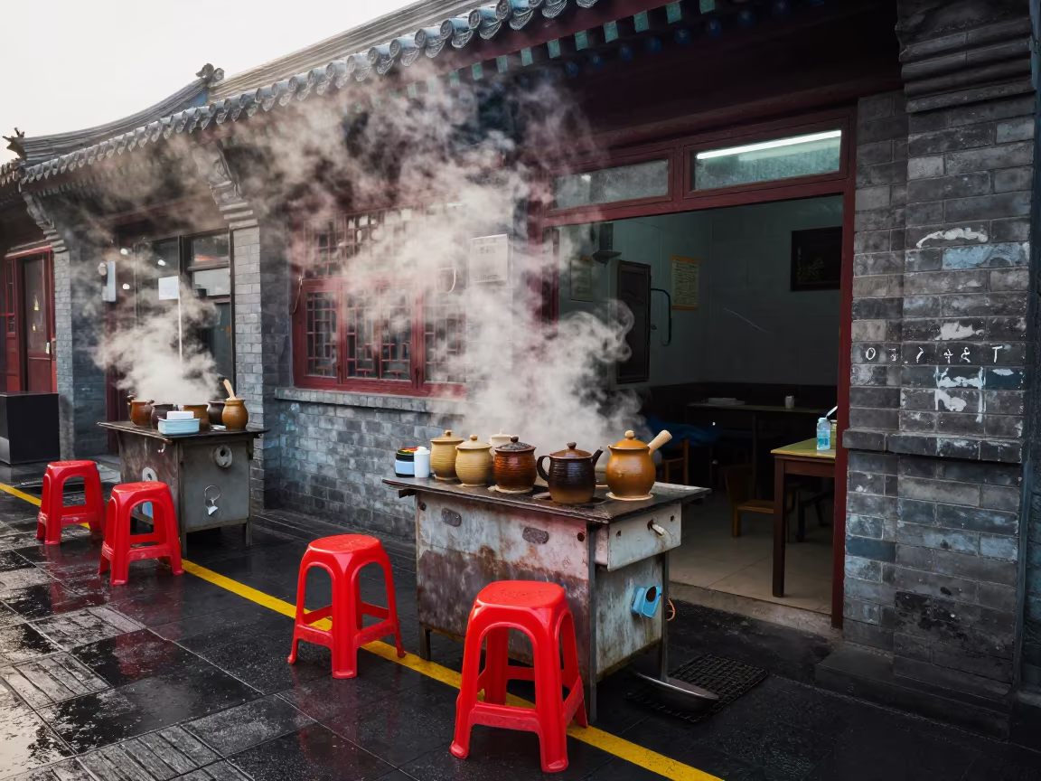 Steam rises from tea stand in Dashilar Beijing in outside a metro entrance in Dashilar, Beijing