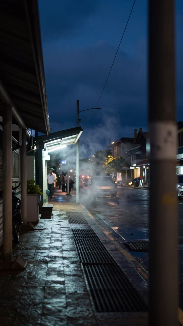 Steam Rising From Alley Grates at Lombok Tram Stop in at a tram stop in Lombok