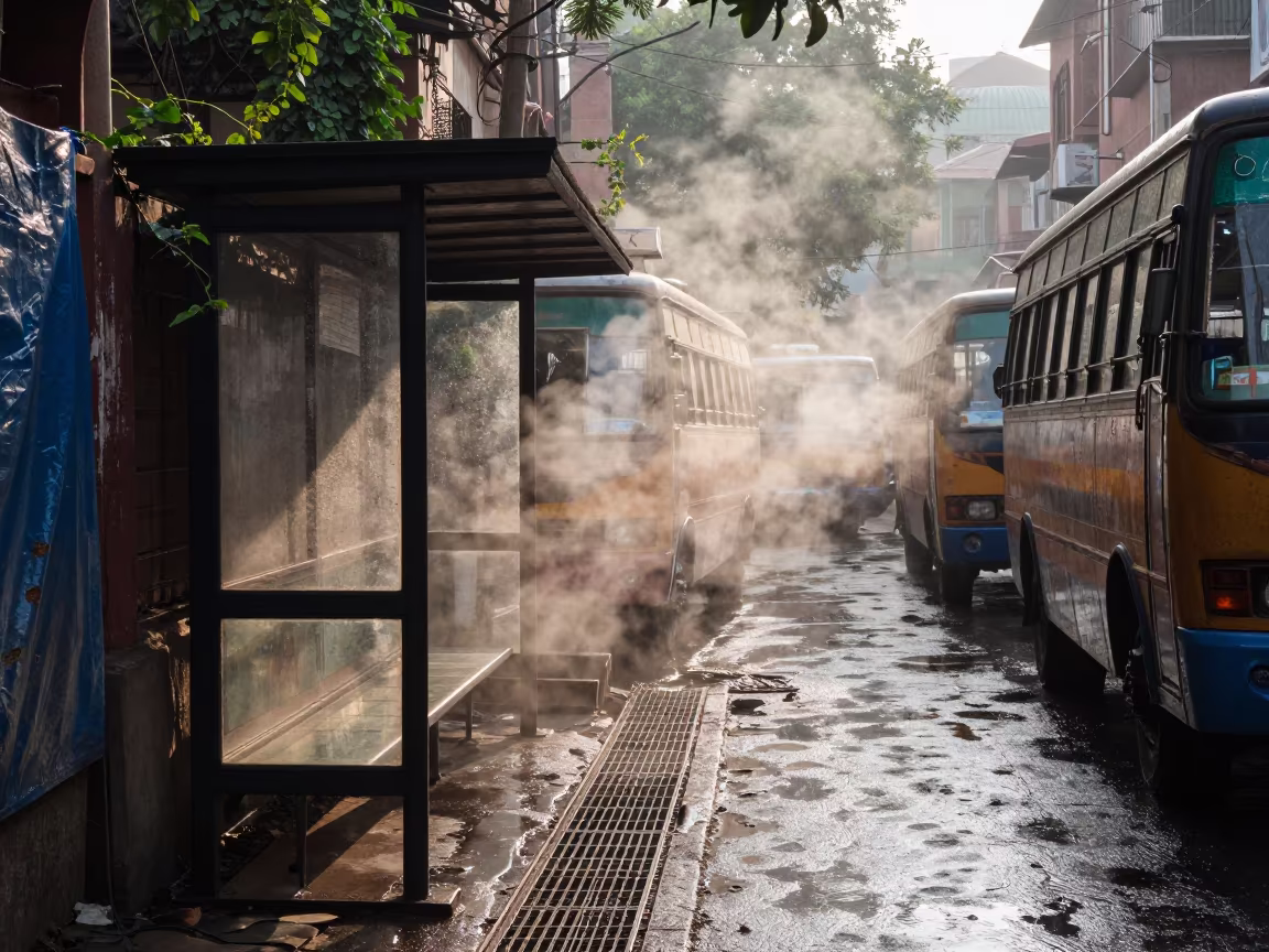 Steam Rising from Alley Near Jama Masjid Delhi in beside a steamed-up bus shelter in Jama Masjid, Delhi