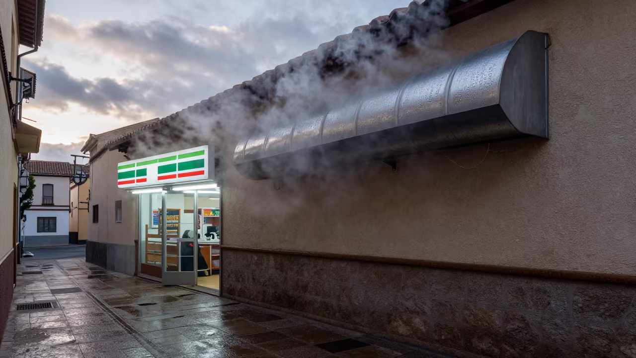 Steam Rising from Alley Vent in Granada Dawn in outside a fluorescent convenience store in Granada