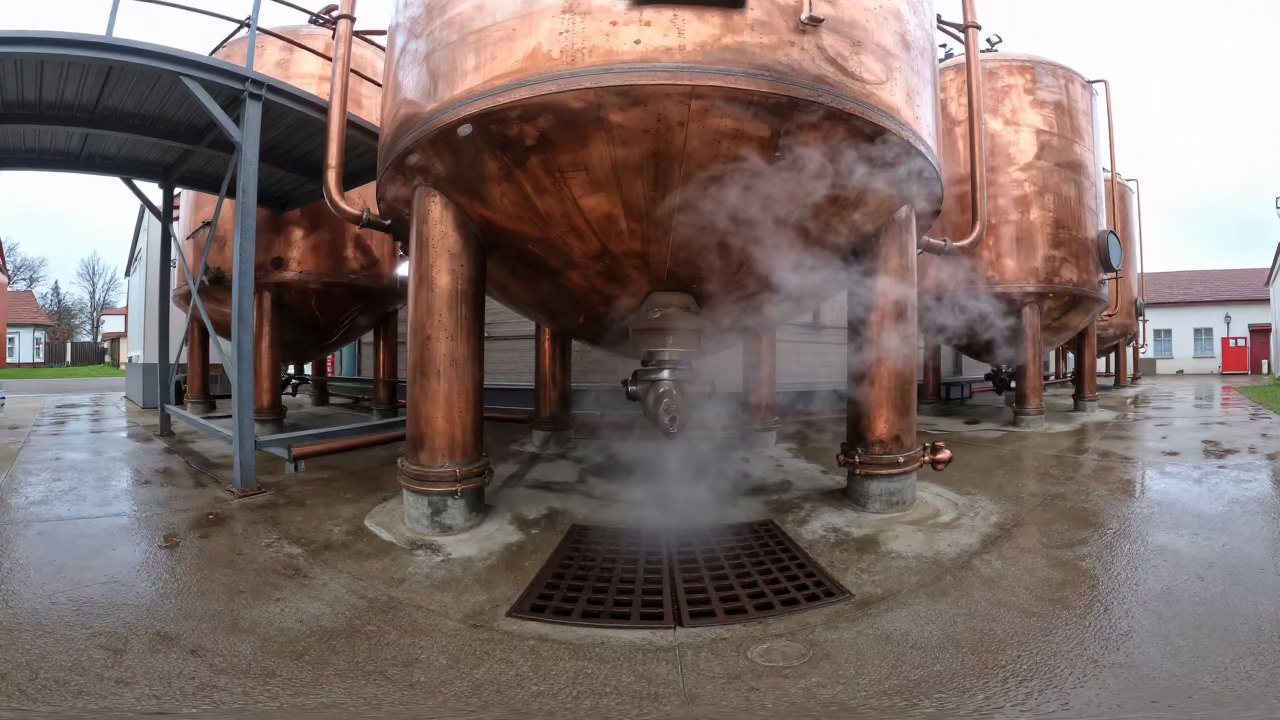 Steam Rising from Brewery Drain Near Copper Tanks in on a scaffold platform near Bielsko-Biała