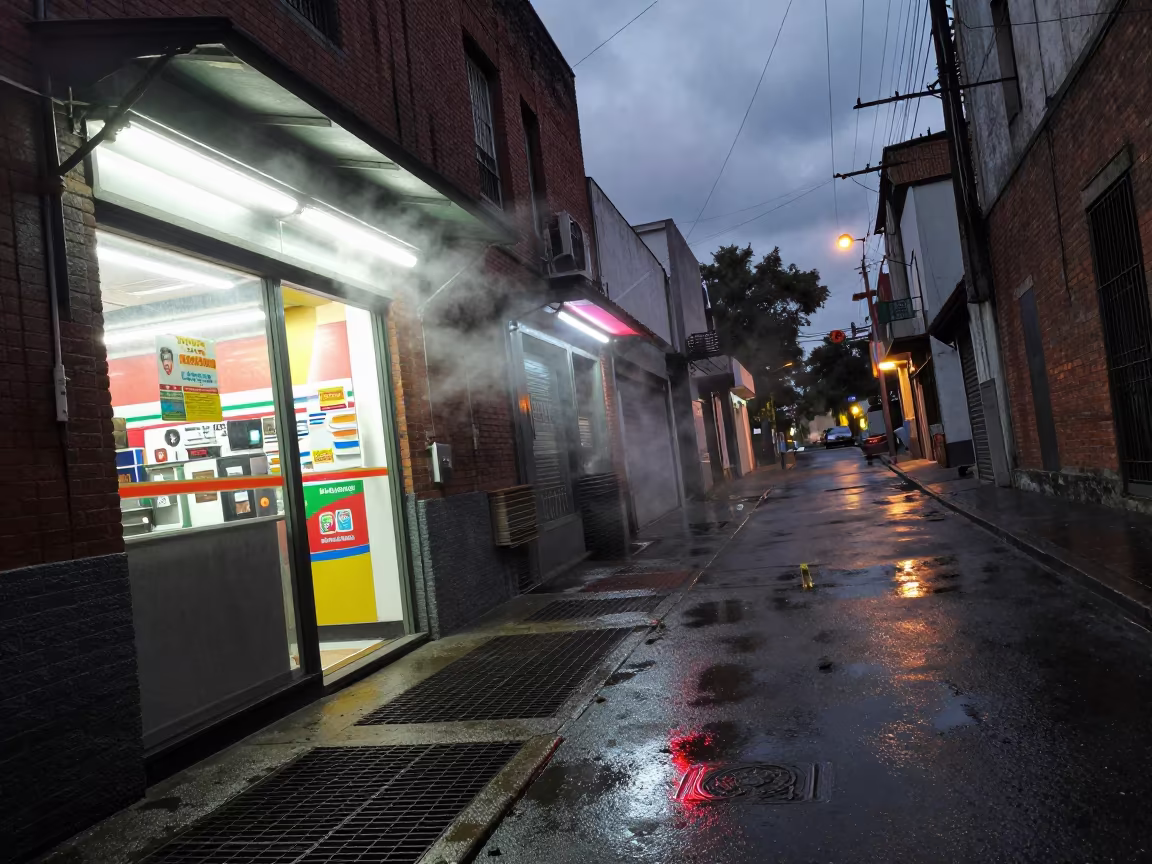 Steam Rising from Buenos Aires Back Alley in outside a fluorescent convenience store in Buenos Aires