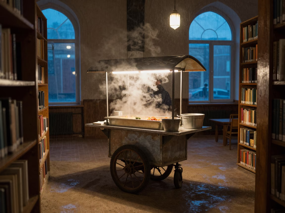 Steam Rising from Food Cart on Dusty Table in on a dusty library table near Kazan