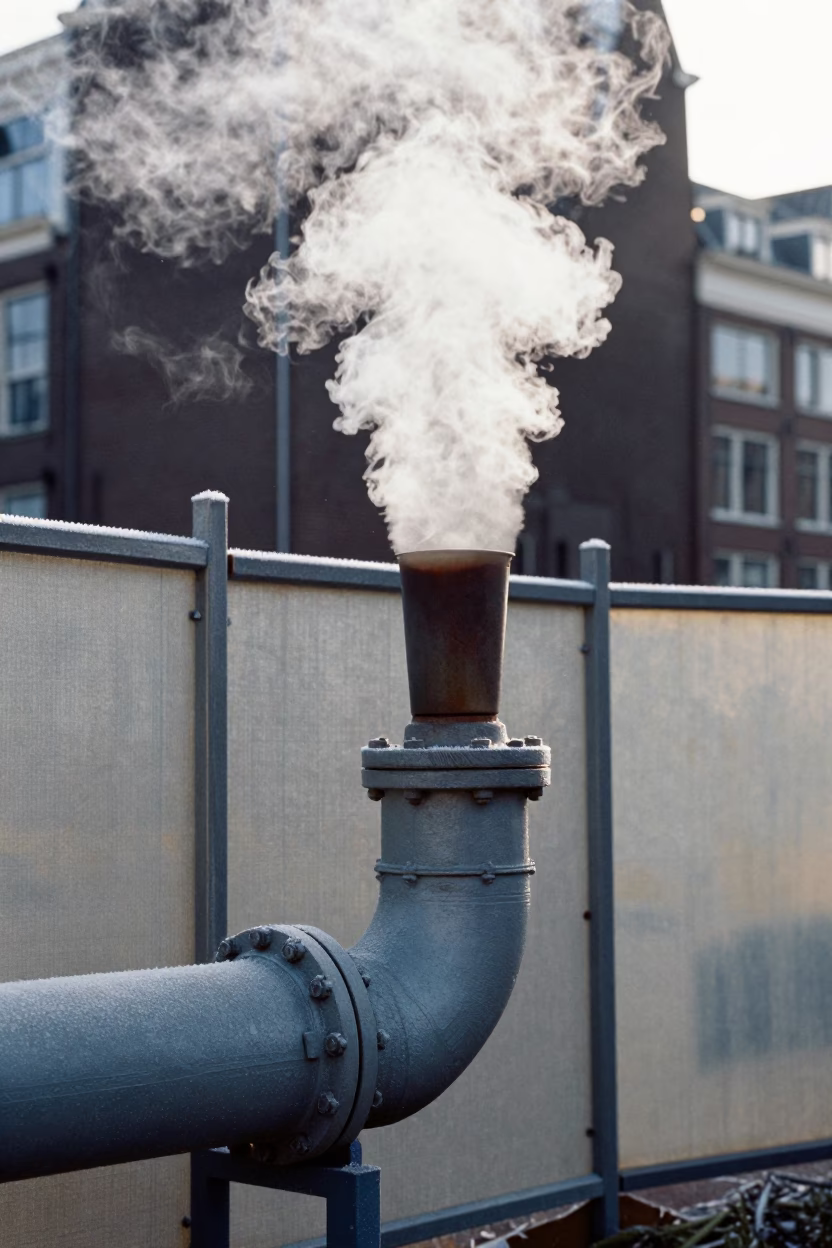 Steam Rising from District Heating Pipe Elbow Behind Frost-Coated Fencing in Amsterdam Midday in in Amsterdam, Netherlands