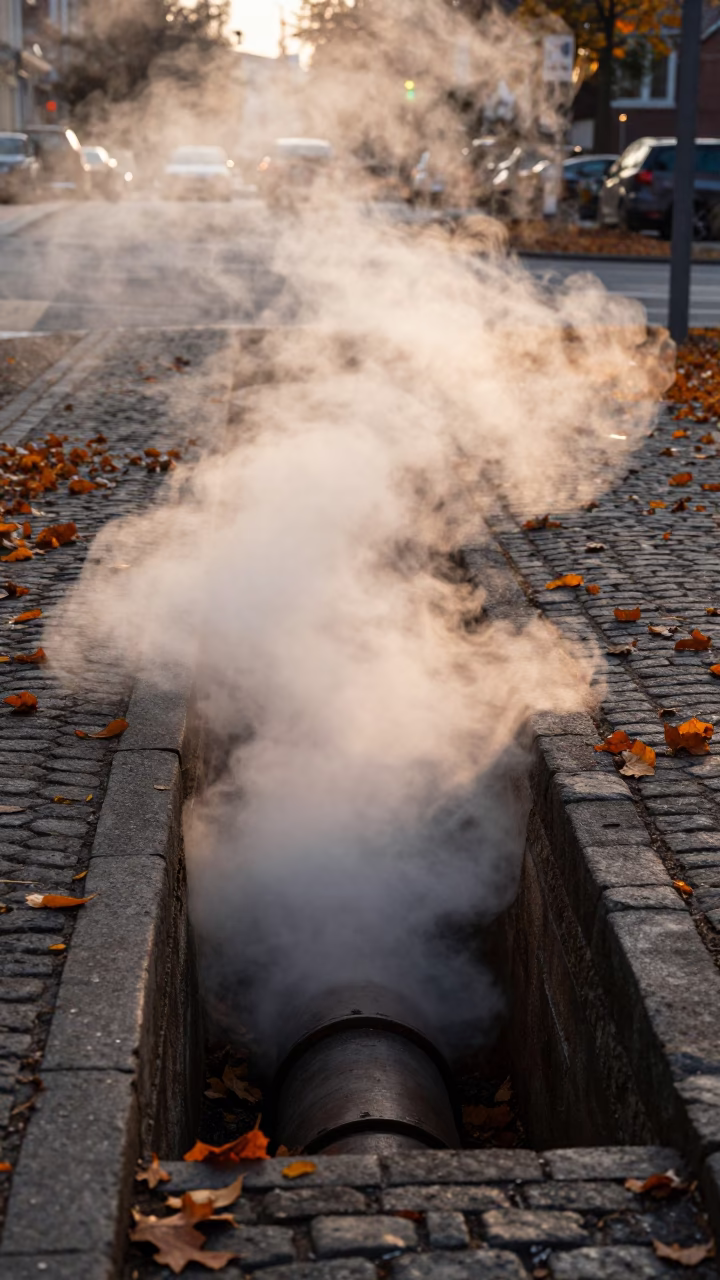 Steam Rising from District Heating Pipe Trench in Berlin Autumn Sunset in in Berlin, Germany
