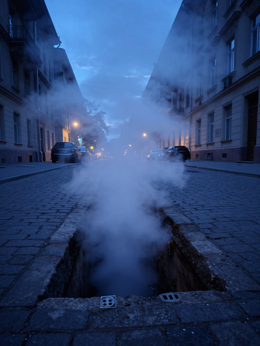 Steam rising from district heating pipe trench in Budapest indigo twilight with autumn leaves in in Budapest, Hungary