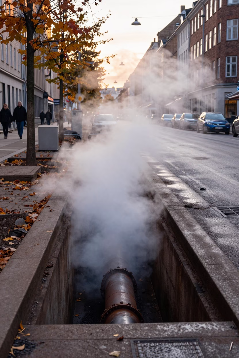 Steam Rising from District Heating Pipe Trench in Copenhagen Autumn Morning in in Copenhagen, Denmark