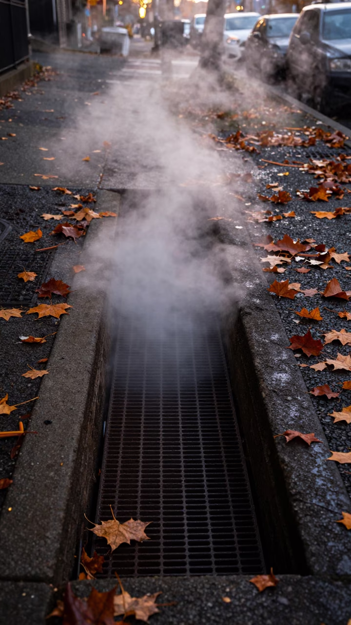 Steam rising from district heating pipe trench in Seattle autumn leaves early evening in in Seattle, Washington, United States
