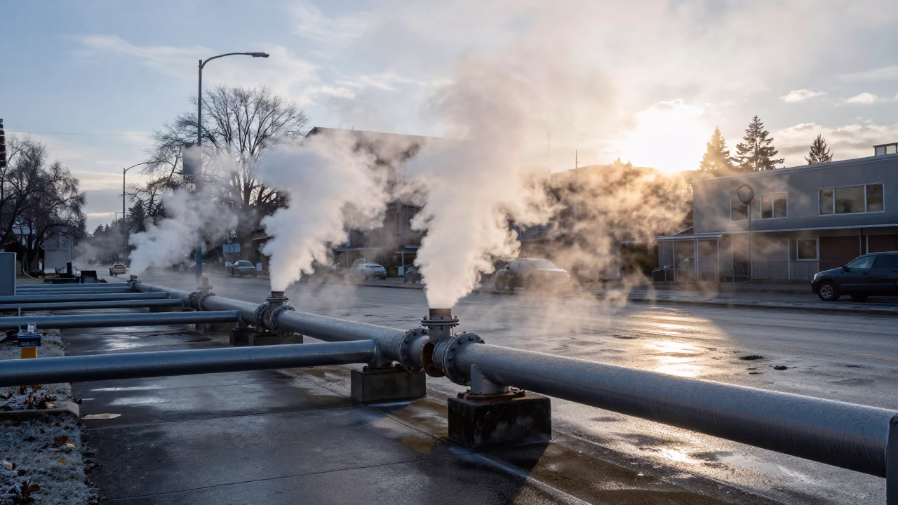 Steam rising from district heating pipes along frosty Vancouver street at dawn in in Vancouver, British Columbia, Canada