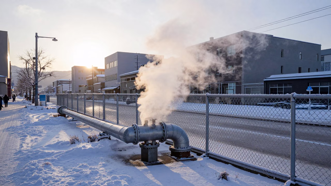 Steam Rising from District Heating Pipes in Frosty Sapporo Dawn Light in in Sapporo, Japan