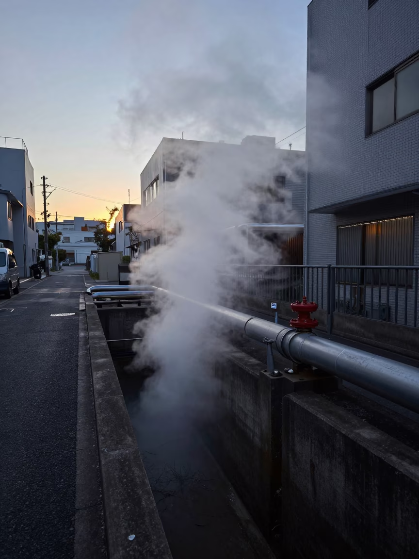 Steam rising from district heating pipes in Osaka Japan before dawn with autumn leaves in in Osaka, Japan