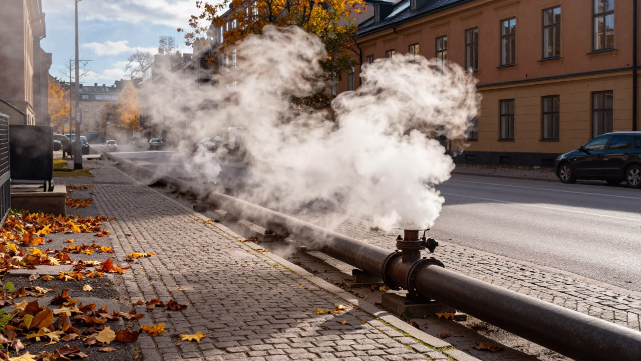 Steam rising from district heating pipes in Stockholm autumn street in in Stockholm, Sweden