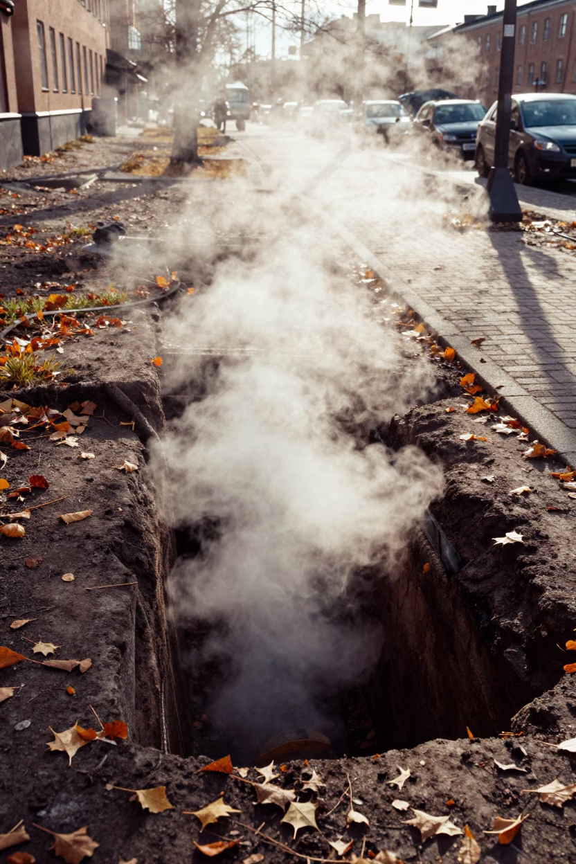 Steam Rising from District Heating Trench Amidst Autumn Leaves in Stockholm Sweden in in Stockholm, Sweden