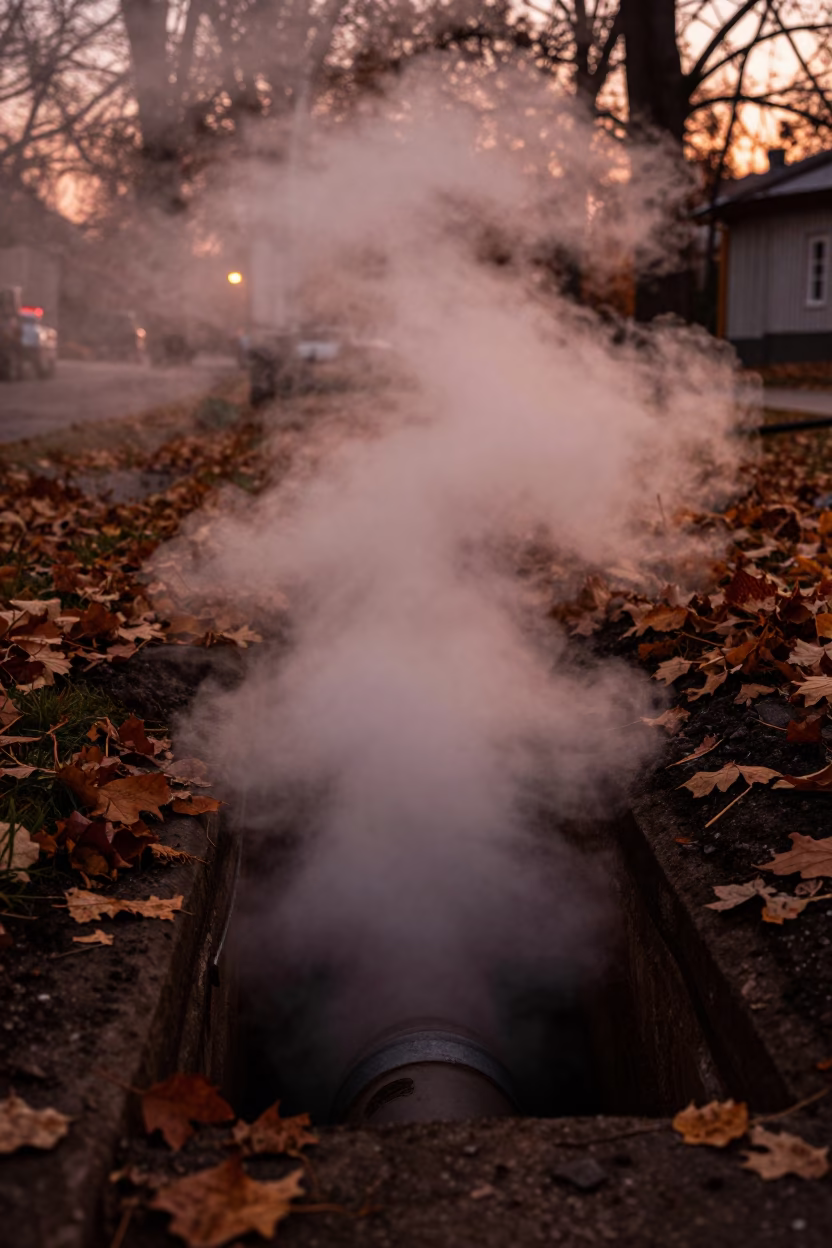 Steam rising from district heating trench in Budapest autumn dusk copper light in in Budapest, Hungary
