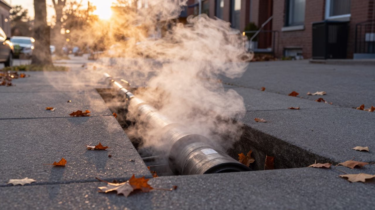 Steam Rising from District Heating Trench in Montreal Autumn Sunset in in Montreal, Quebec, Canada