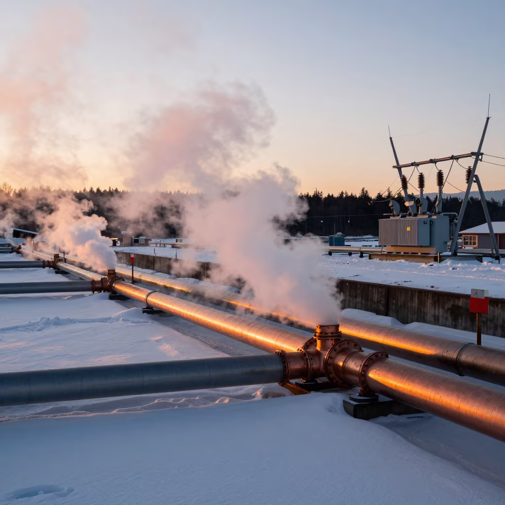 Steam Rising From Pipes On Snow Before Dusk in beside a storm surge barrier near Vancouver