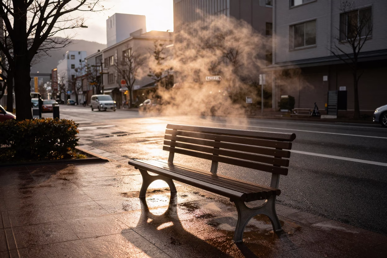 Steam rising from street bench in Sapporo Japan during golden hour before dusk in in Sapporo, Japan