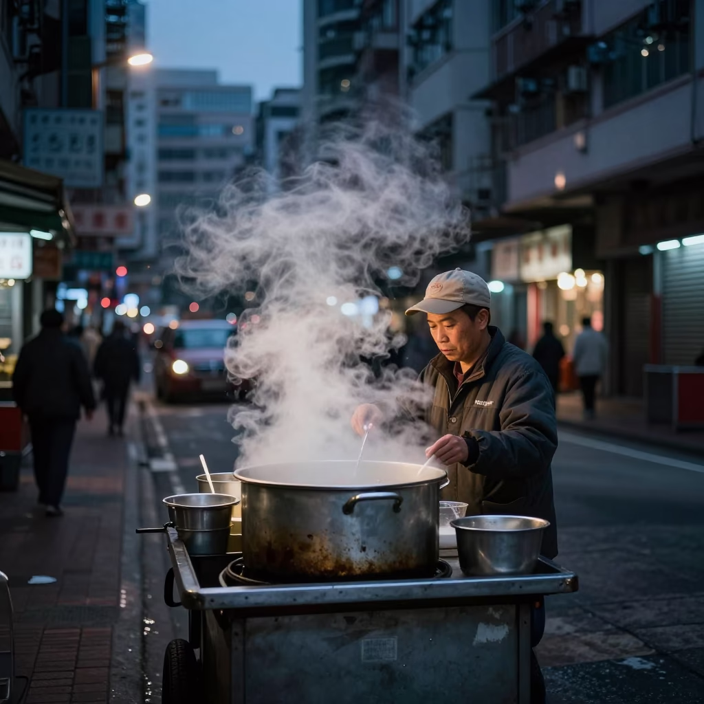 Steam Rising in Hong Kong at The Predawn Darkness Light in in Hong Kong, Hong Kong