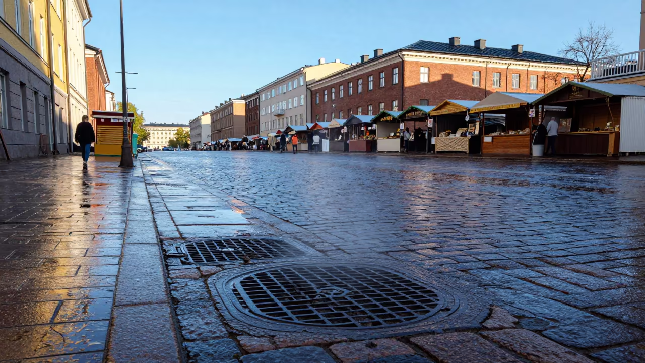 Steam Rising from Manhole Cover Rain in along a market-lined side street in Turku