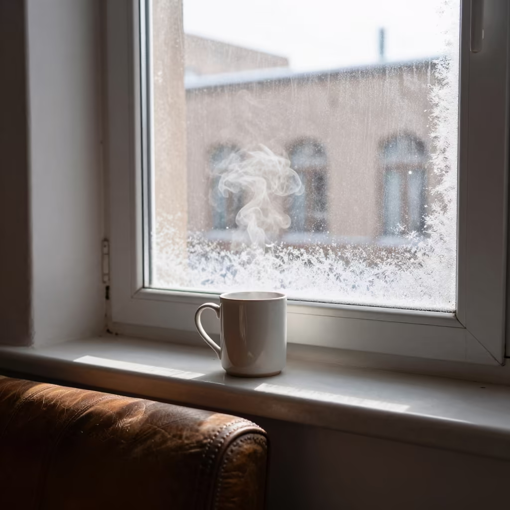 Steam Rising from Mug on Frosty Windowsill in on a worn leather armchair near Al Diwaniyah